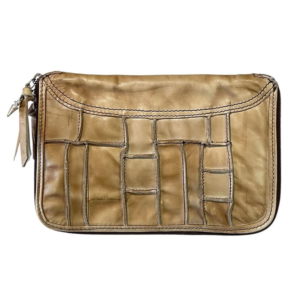 Free People Tan Leather Envelope Zip Around Clutch Wallet -Card & Money Holder
